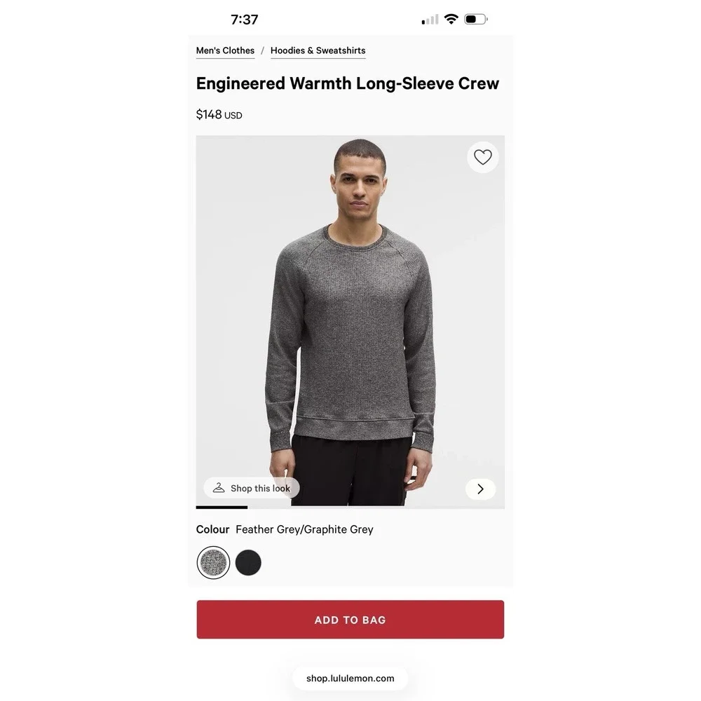 Lululemon Engineered Warmth Crew Merino Blend Sweatshirt Mens Sz M (No Tag) Gray